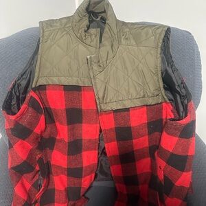 Maurices Red and Black Plaid Vest with Olive Quilted Yoke